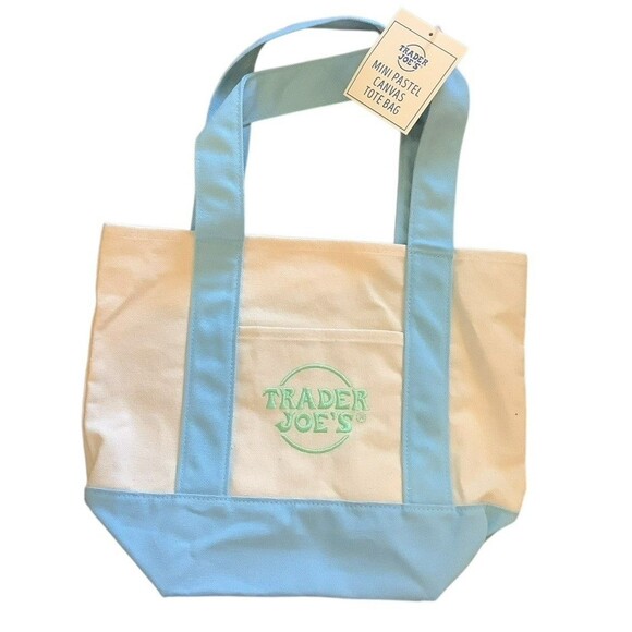 Trader Joe's Tote Light Blue Mint Green Canvas Mini Limited Edition - Picture 1 of 4